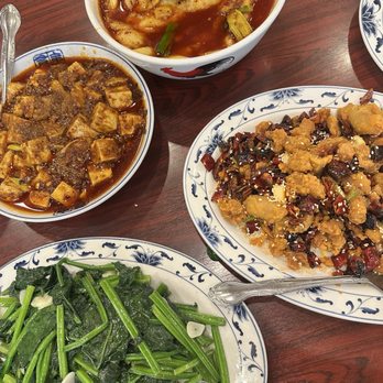 Sichuan Pavilion - Mapo Tofu Fish in hot sauce  Chicken in hot dry pepper  Sautéed spinach - Szechuan Near Me - Washington, DC, District of Columbia