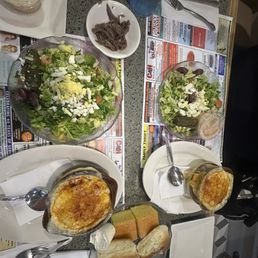 Greek side salad and French onion soup Greek side salad and French onion soup