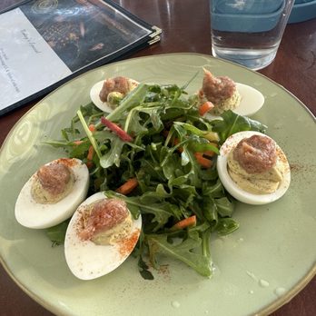 Jeremy's on the Hill - Deviled Eggs with bacon jam - New American Near Me - Julian, California Jeremy's on the Hill - Deviled Eggs with bacon jam - New American Near Me - Julian, California