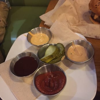 Bareburger - Forest Hills - 4sauces for fries & onion rings and pickles from my sister's burger - Burgers Near Me - Forest Hills, New York Bareburger - Forest Hills - 4sauces for fries & onion rings and pickles from my sister's burger - Burgers Near Me - Forest Hills, New York