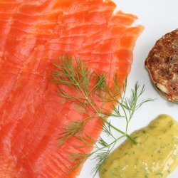Wild King salmon gravlax with wild rice blinis and Swedish mustard sauce