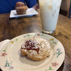 Prairie Lights Books - Ginger-Turmeric Latte and Strawberry Morning Biscuit.