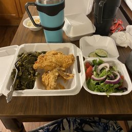 Fried chicken, collards, salad Fried chicken, collards, salad