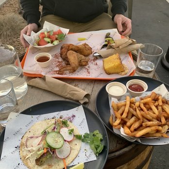 Venus Spirits Tasting Room - Fish Taco, fries and fried chicken (came with cornbread and salad) - Beer, Wine & Spirits Near Me - Santa Cruz, California Venus Spirits Tasting Room - Fish Taco, fries and fried chicken (came with cornbread and salad) - Beer, Wine & Spirits Near Me - Santa Cruz, California