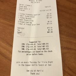 The final bill, my sweet potato fries added $2 to my turkey Marsala The final bill, my sweet potato fries added $2 to my turkey Marsala