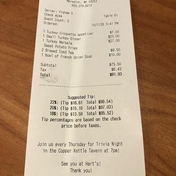 Hart's Turkey Farm Restaurant - The final bill, my sweet potato fries added $2 to my turkey Marsala - American Near Me - Meredith, New Hampshire Hart's Turkey Farm Restaurant - The final bill, my sweet potato fries added $2 to my turkey Marsala - American Near Me - Meredith, New Hampshire