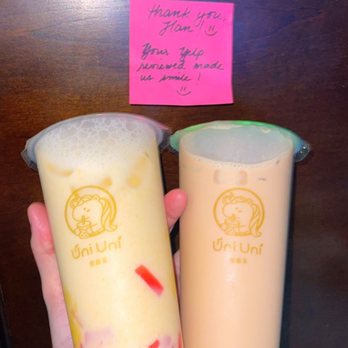 Uni Uni - L: Mango Fresh Milk w Milk Mochi, Strawberry Jelly & Cheese Foam R: Uni Brown Sugar Milk Tea w Tapioca, Milk Mochi, & Cheese Foam - Bubble Tea Near Me - Katy, Texas Uni Uni - L: Mango Fresh Milk w Milk Mochi, Strawberry Jelly & Cheese Foam R: Uni Brown Sugar Milk Tea w Tapioca, Milk Mochi, & Cheese Foam - Bubble Tea Near Me - Katy, Texas