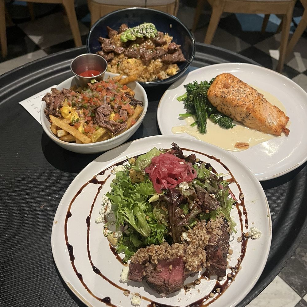 Quince Riverside - Salmon, New York strip, pasta, and chimichurri fries - Desserts Near Me - Fort Worth, Texas