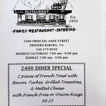 2400 Diner - Menu - Diners Near Me - Fredericksburg, Virginia