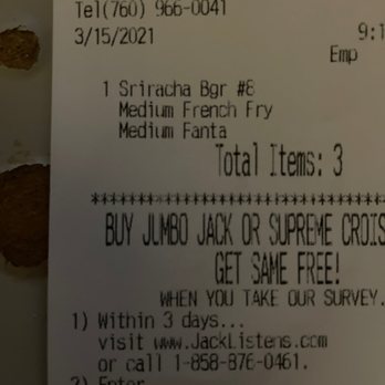 Jack in the Box - Receipt - Fast Food Near Me - Oceanside, California
