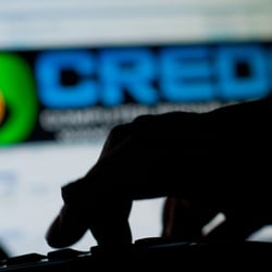 Credo logo in the background of a silhouetted hand on a computer keyboard.