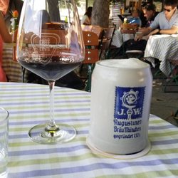 Caffe Lago - Augustiner beer and a glass of red wine.