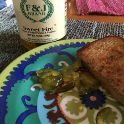 Scaff Brothers - Sweet Fire bread and butter pickles and peppers (jalapeno). So good on Grilled cheese, chicken sandwich, you name it!