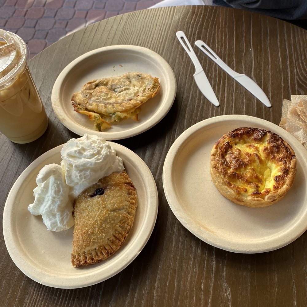 Bacon and cheese quiche, blueberry hand pie, Chile relleno empanada Bacon and cheese quiche, blueberry hand pie, Chile relleno empanada