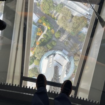 Space Needle - Looking through the glass floor at the Seattle Center grounds - Landmarks & Historical Buildings Near Me - Seattle, Washington Space Needle - Looking through the glass floor at the Seattle Center grounds - Landmarks & Historical Buildings Near Me - Seattle, Washington