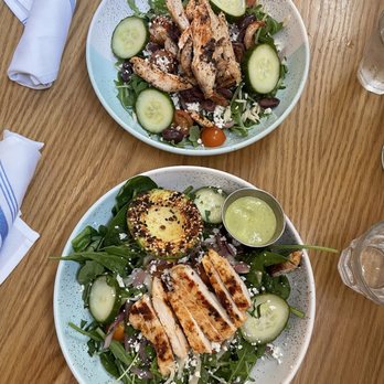 Bluestone Lane - Summer Chicken and Greens Salad and Blackened Chicken Mediterranean Salad - Coffee & Tea Near Me - Orange, California
