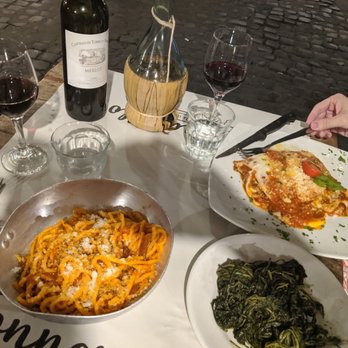 Tonnarello - Left is the Amatriciana, right is lasagna and then sauteed chicory - Desserts Near Me - Rome, RM Tonnarello - Left is the Amatriciana, right is lasagna and then sauteed chicory - Desserts Near Me - Rome, RM