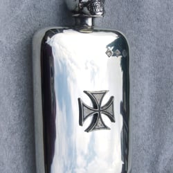 Sheffield Pewter Craft Company - 6oz stamped pewter hip flask, with Iron cross and skull top, wonderfull detail all hand made.