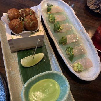 Sexy Fish Miami - Left:  Sexy fish croquettes & smoked aioli Right:  yellowtail sashimi & green mandarin ponzu - Seafood Near Me - Miami, Florida