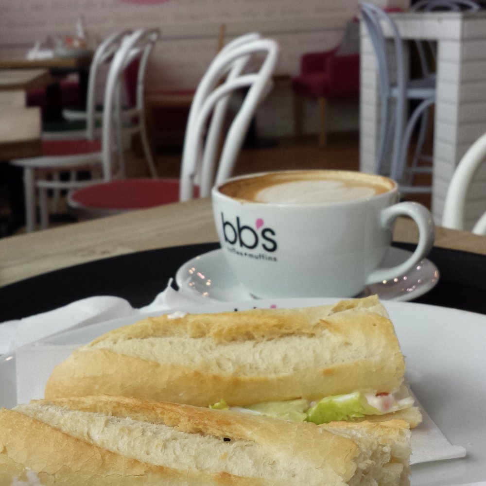 BB's Coffee and Muffins - Flat white and prawn mayo baguette.  The flat white was very neatly done! - Coffee & Tea Near Me - Cardiff, CRF