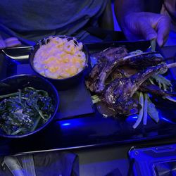 Fin & Feathers - Lamp Chops, Mac n Cheese, & Sautéed Spinach.