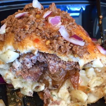Jose Joe's - The Garbage Burrito! Cheeseburger, Mac salad, smashed potatoes and topped with meat hot sauce and onions cut open! - Burgers Near Me - Hilton, New York Jose Joe's - The Garbage Burrito! Cheeseburger, Mac salad, smashed potatoes and topped with meat hot sauce and onions cut open! - Burgers Near Me - Hilton, New York
