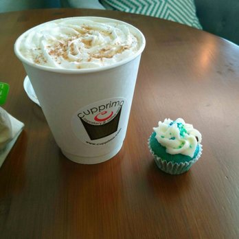 Cupprimo - Their white maple latte along with a mini blue velvet cupcake - Coffee & Tea Near Me - Austin, Texas