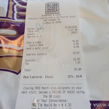 Huckleberry's Breakfast & Lunch - May 26 2026 receipt - Breakfast & Brunch Near Me - Gridley, California Huckleberry's Breakfast & Lunch - May 26 2026 receipt - Breakfast & Brunch Near Me - Gridley, California
