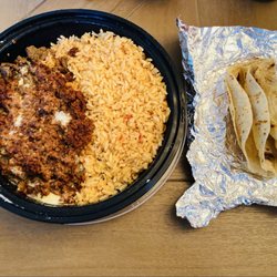 California Burritos - Chori-Steak - Grilled Steak, Chorizo (Mexican Sausage), Topped with Queso, Served with Yellow Rice, Guacamole, and Tortillas (3)