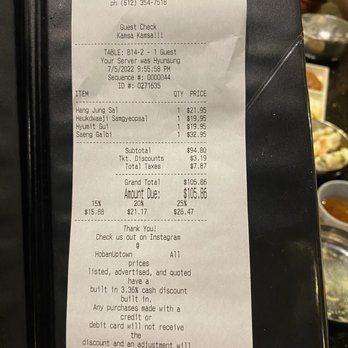 Hoban Korean BBQ - Our receipt - Korean Near Me - Minneapolis, Minnesota