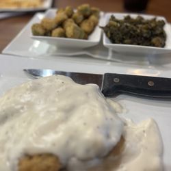 Angelle's Diner - Chicken fried steak with famous white gravy. With sides of collard greens and fried okra.