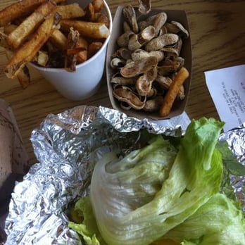 Five Guys - Gluten free option! Burger wrapped neatly with iceberg lettuce (doesn't fall apart when you eat it, works great as a wrap!). - Burgers Near Me - Tacoma, Washington Five Guys - Gluten free option! Burger wrapped neatly with iceberg lettuce (doesn't fall apart when you eat it, works great as a wrap!). - Burgers Near Me - Tacoma, Washington