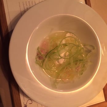 Smak - Horseradish-- celery strings for decoration, horseradish cream, and acidic apple slices in a soup-like dish - Tapas/Small Plates Near Me - Stockholm, Alberta Smak - Horseradish-- celery strings for decoration, horseradish cream, and acidic apple slices in a soup-like dish - Tapas/Small Plates Near Me - Stockholm, Alberta