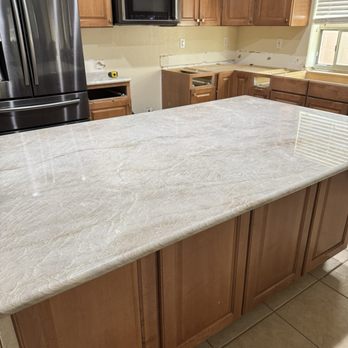 The French Quarry - Kitchen Island with new Taj Mahal Counters - Countertop Installation Near Me - Phoenix, Arizona The French Quarry - Kitchen Island with new Taj Mahal Counters - Countertop Installation Near Me - Phoenix, Arizona