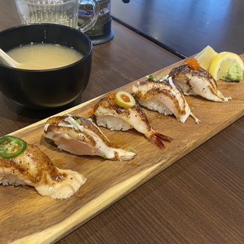 Mika Sushi - Miso Soup ($1.75) and Assorted Aburi Sushi ($17.95) - Japanese Near Me - Coquitlam, British Columbia