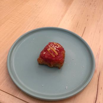Lunario - Amuse - tuna and tomato on sourdough bite - Mexican Near Me - Francisco Zarco, BCN Lunario - Amuse - tuna and tomato on sourdough bite - Mexican Near Me - Francisco Zarco, BCN