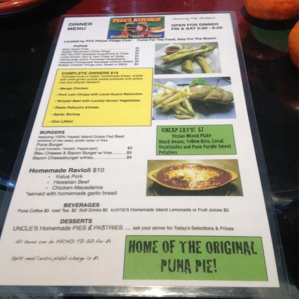Pele's Kitchen - Dinner menu - Breakfast & Brunch Near Me - Pahoa, Hawaii