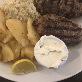 Main St Greek - Bifteki (beef patties, potatoes, rice) $14 Comes with salad and garlic bread - Greek Near Me - Markham, Ontario Main St Greek - Bifteki (beef patties, potatoes, rice) $14 Comes with salad and garlic bread - Greek Near Me - Markham, Ontario