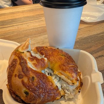Exit Zero Coffee - Chicken salad on a jalapeno bagel with my oat milk latte! - Coffee & Tea Near Me - Las Vegas, Nevada