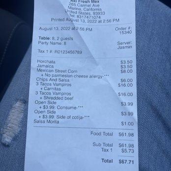 Aki Fresh Mex - Our receipt - Mexican Near Me - Marina, California Aki Fresh Mex - Our receipt - Mexican Near Me - Marina, California