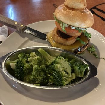 Satchmo's Bar & Grill - Cowboy Burger with Broccoli side - American Near Me - Chesterfield, Missouri