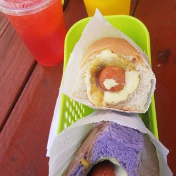 Hula Dog - Bacon taro bun with lili koi mustard, white bun with pineapple relish, strawberry lemonade and pineapple lemonade - Hot Dogs Near Me - Honolulu, Hawaii