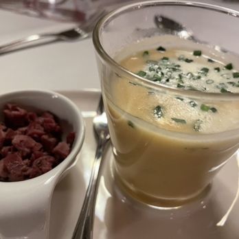Auerbachs Keller - Potato leek soup with smoked venison on the side - German Near Me - Leipzig, SN