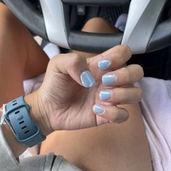 Icy baby blue chrome dip nails