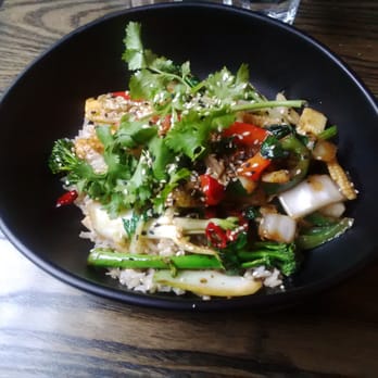 Mildreds - Asian stir fry vegetables (in shitake mushroom sauce with garlic, ginger, fresh chilli and coriander, served with organic brown rice, tofu) - Vegan Near Me - London, XGL Mildreds - Asian stir fry vegetables (in shitake mushroom sauce with garlic, ginger, fresh chilli and coriander, served with organic brown rice, tofu) - Vegan Near Me - London, XGL