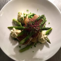 Alma's Bar & Kjøkken - Pollock, asparagus, new potatoes, and asparagus foam.