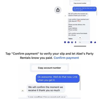 Abel's Party Rentals - Confirmation of them receiving my Zelle and confirming my reservation back on April 30th. - Party Equipment Rentals Near Me - Anaheim, California