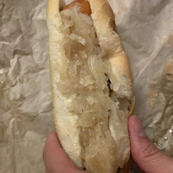 Berlin Currywurst - Knack (pork) with onions and sauerkraut - German Near Me - New York, New York Berlin Currywurst - Knack (pork) with onions and sauerkraut - German Near Me - New York, New York
