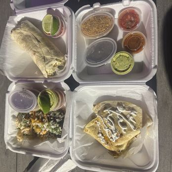 La Toxica Taqueria - La tóxica burrito & pollo quesadilla all come with rice & beans with guac, pico & spicy red sauce. - Mexican Near Me - Miami, Florida