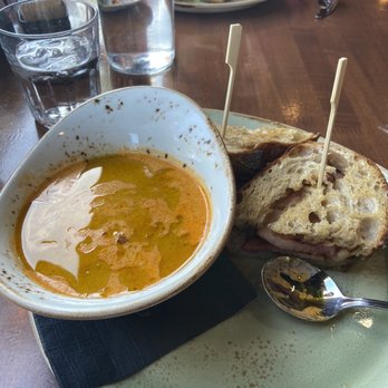 Le Papagayo - Lobster bisque $13 {DELISH} and ham sandwich $9 (originally was cheese for $6 but upgraded to ham for +$3) - Breakfast & Brunch Near Me - Encinitas, California